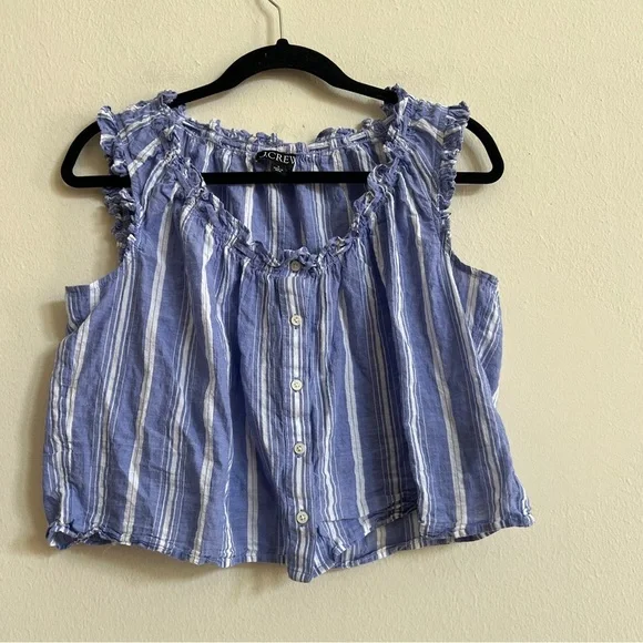 J. Crew Ruffle-trim button-up top in stripe blue white S - Picture 2 of 3